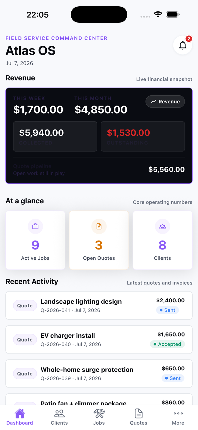 Atlas OS dashboard: live revenue, active jobs, open quotes