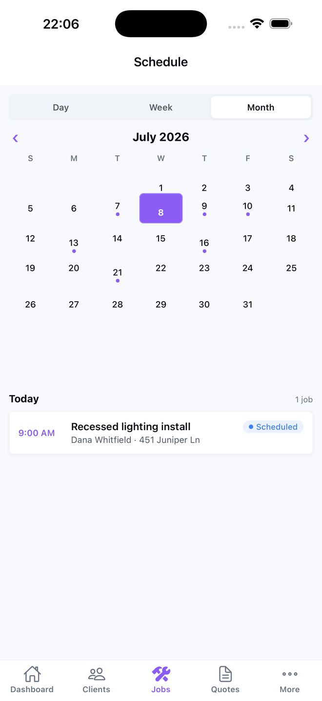Atlas OS schedule: month view with jobs on the calendar